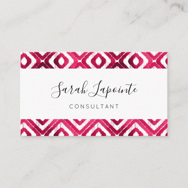 Ruby Red Chic & Elegant Ikat Pattern Business Card (Front)