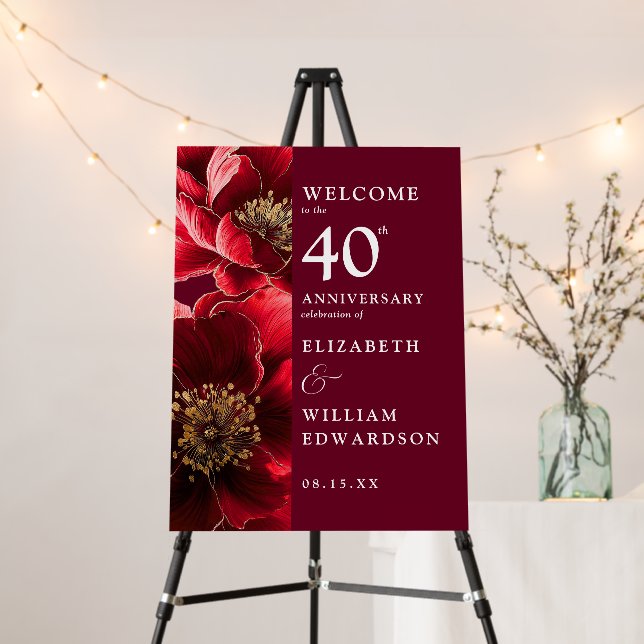 Ruby Red Chic Floral 40th Anniversary Welcome Sign (In Situ (Stand))