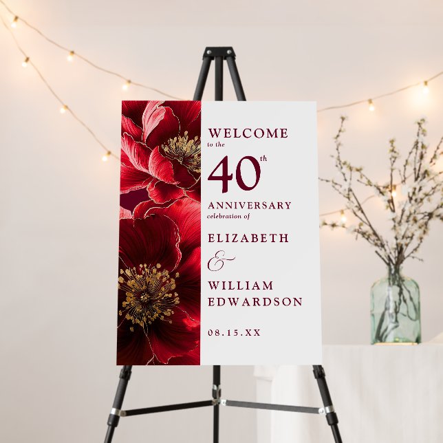 Ruby Red Chic Floral 40th Anniversary Welcome Sign (In Situ (Stand))
