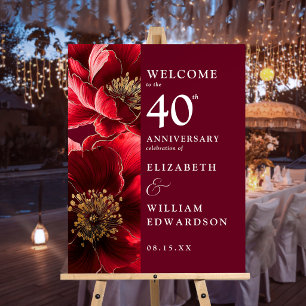 Ruby Red Chic Floral 40th Anniversary Welcome Sign