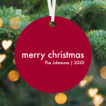 Ruby Red Christmas | Burgundy Modern Minimalist Metal Ornament<br><div class="desc">Simple, stylish "merry christmas" quote christmas tree ornament with modern typography in white on a deep wine red background in a minimalist 'scandi' scandinavian design style. The decoration can be easily personalized with your own holiday greeting, family name and year to make a truly bespoke christmas holiday ornament for the...</div>