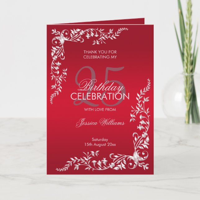 Ruby Red Decoration 25th Birthday   Letterpress Thank You Card (Front)