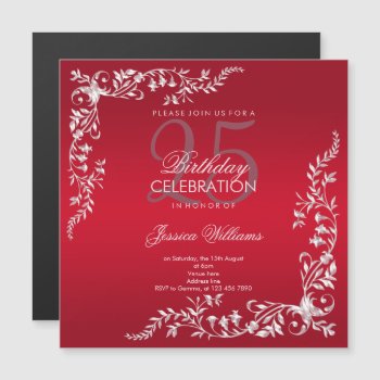 Ruby Red Decoration 25th Birthday  Magnetic Invitation by Sarah_Designs at Zazzle
