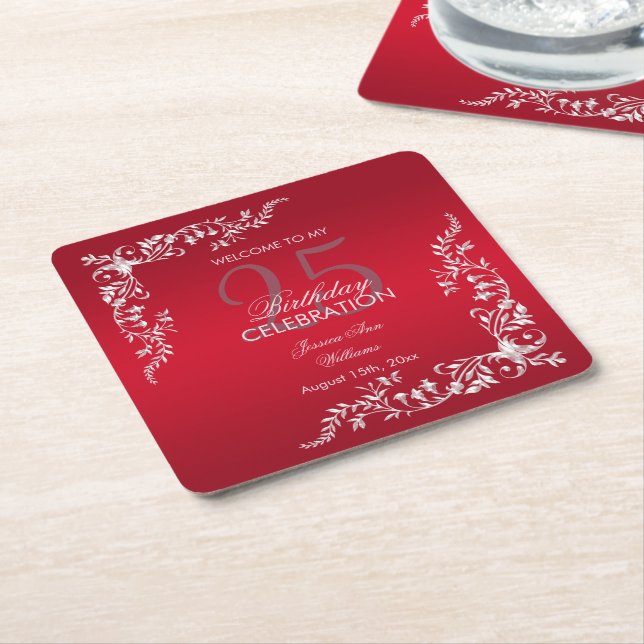 Ruby Red Decoration 25th Birthday  Square Paper Coaster (Angled)