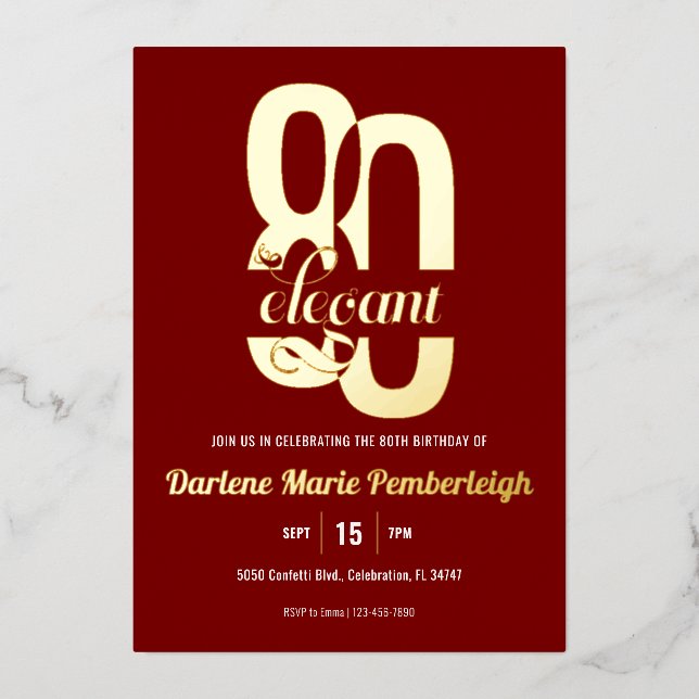 Ruby Red Eighty & Elegant 80th Birthday Gold Foil Invitation (Front)