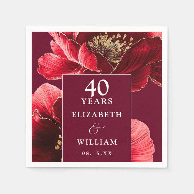 Ruby Red Elegant Floral 40th Anniversary Napkins (Front)