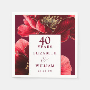Ruby Red Elegant Floral 40th Anniversary Napkins