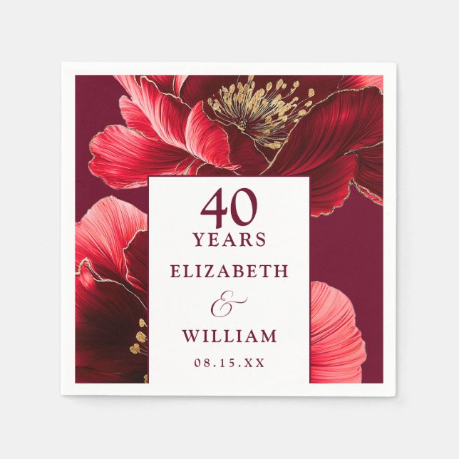 Ruby Red Elegant Floral 40th Anniversary Napkins (Front)