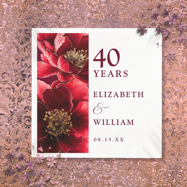 Ruby Red Elegant Modern Floral 40th Anniversary Napkins (Ruby Red Elegant Modern Floral 40th Anniversary Napkins)