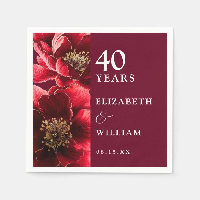 Ruby Red Elegant Modern Floral 40th Anniversary Napkins (Front)