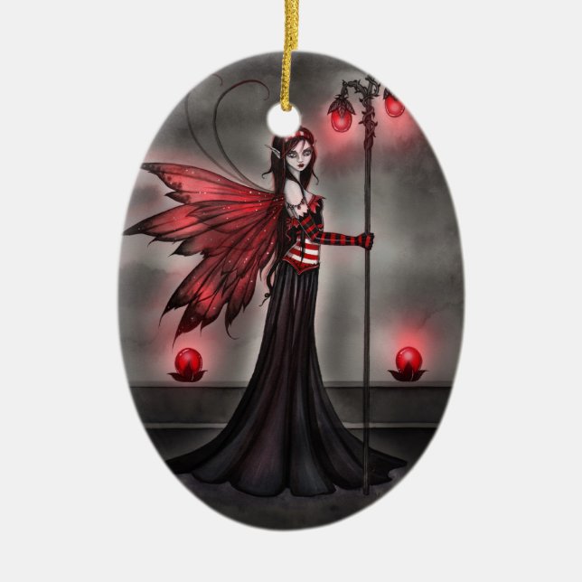 Ruby Red Fairy Fantasy Art Ceramic Ornament (Front)