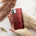 Ruby Red Faux Brushed Metal iPhone 11 Case<br><div class="desc">This trendy phone case features a ruby red faux brushed metal foil background. Personalize it with your name in white handwriting-style brush script.</div>