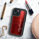 Ruby Red Faux Brushed Metal iPhone 13 Case<br><div class="desc">This trendy phone case features a ruby red faux brushed metal foil background. Personalize it with your name in white handwriting-style brush script.</div>