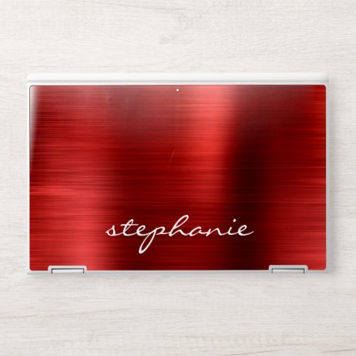 Ruby Red Faux Brushed Metal Personalized HP Laptop Skin