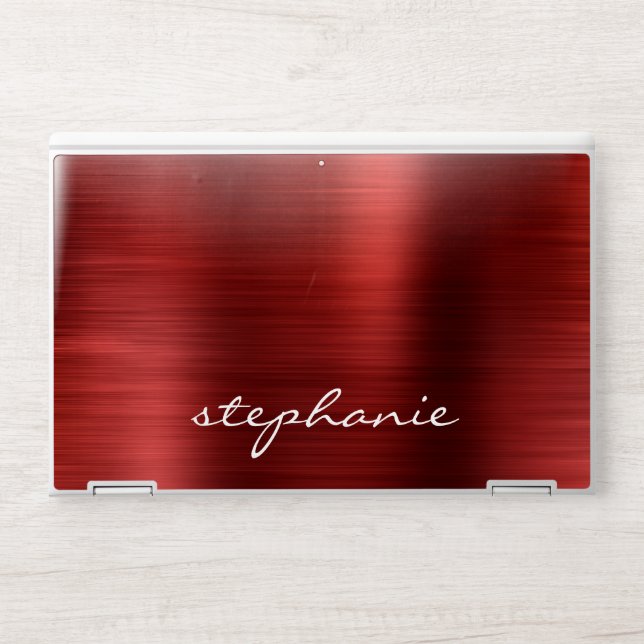 Ruby Red Faux Brushed Metal Personalized HP Laptop Skin (Front)