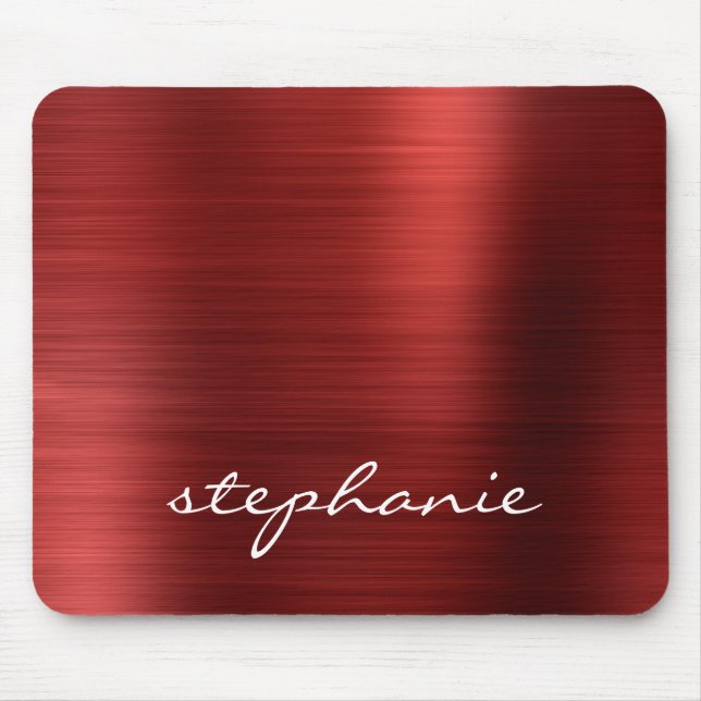 Ruby Red Faux Brushed Metal Personalized Mouse Pad (Front)