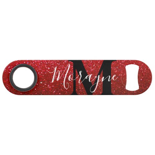 Ruby Red Faux Glitter Black White Monogram Name Bar Key