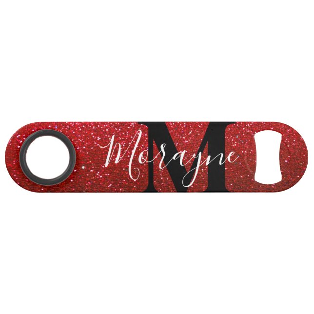 Ruby Red Faux Glitter Black White Monogram Name Bar Key (Back Horizontal)