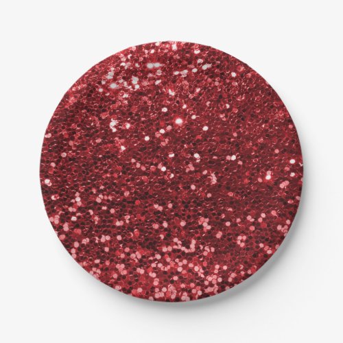 Ruby Red Faux Glitter Sparkle Print Paper Plates