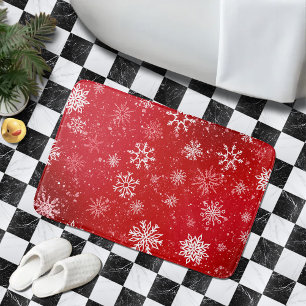 Ruby Red Festive Christmas White Snowflakes Bath Mat