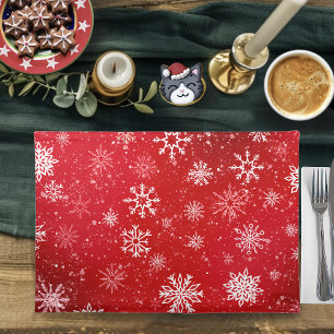 Ruby Red Festive Christmas White Snowflakes Cloth Placemat
