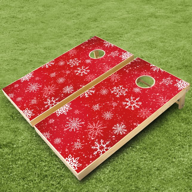 Ruby Red Festive Christmas White Snowflakes  Cornhole Set (Creator Uploaded)