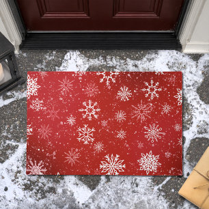 Ruby Red Festive Christmas White Snowflakes Doormat