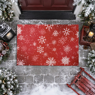 Ruby Red Festive Christmas White Snowflakes Doormat