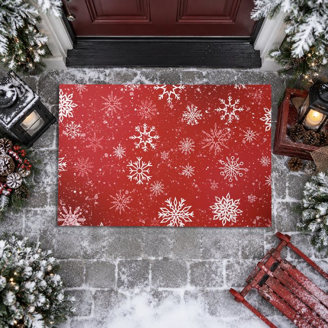 Ruby Red Festive Christmas White Snowflakes  Doormat (Creator Uploaded)