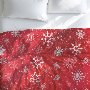 Ruby Red Festive Christmas White Snowflakes Duvet Cover
