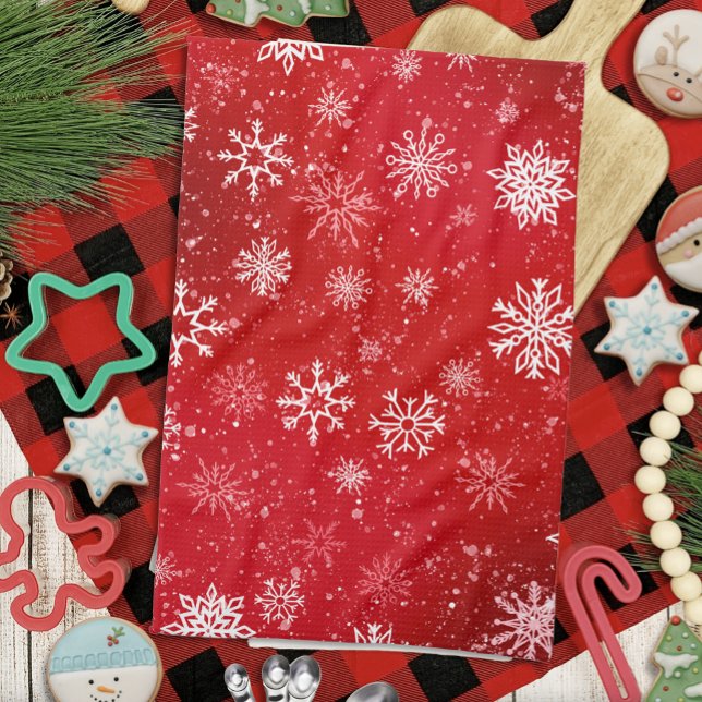Ruby Red Festive Christmas White Snowflakes  Kitchen Towel (Creator Uploaded)