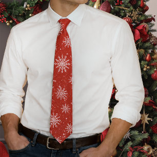 Ruby Red Festive Christmas White Snowflakes Neck Tie