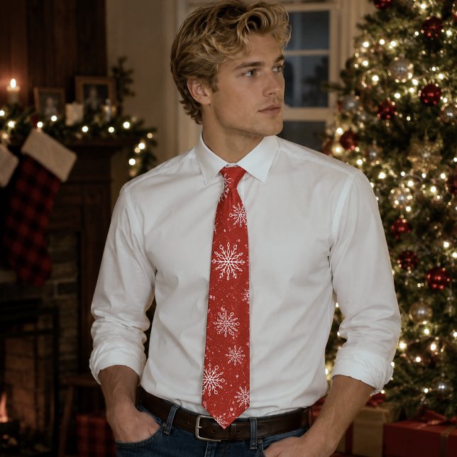 Ruby Red Festive Christmas White Snowflakes  Neck Tie (Creator Uploaded)