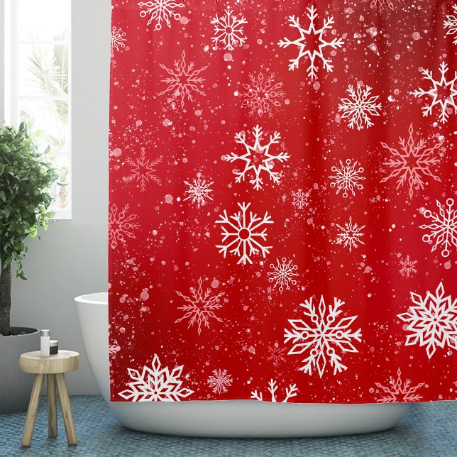 Ruby Red Festive Christmas White Snowflakes  Shower Curtain (Creator Uploaded)