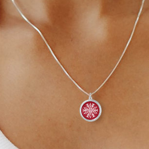 Ruby Red Festive Christmas White Snowflakes Silver Plated Necklace