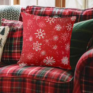 Ruby Red Festive Christmas White Snowflakes  Throw Pillow