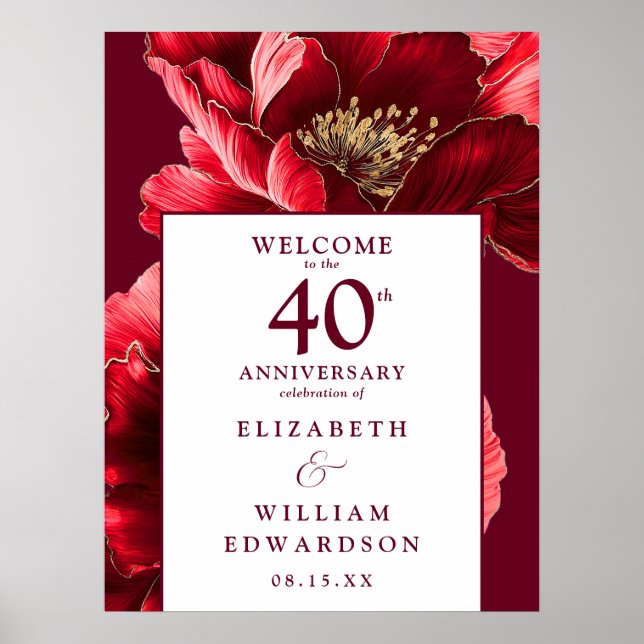 Ruby Red Floral 40th Anniversary Welcome Sign (Front)