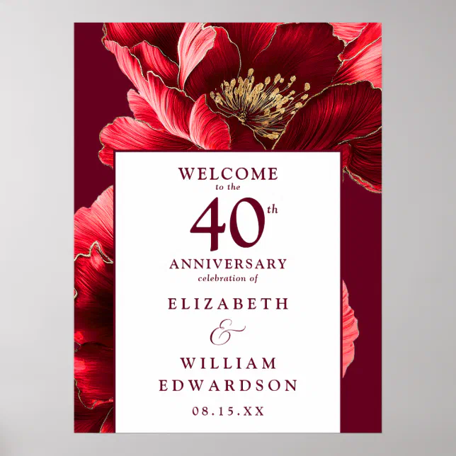 Ruby Red Floral 40th Anniversary Welcome Sign | Zazzle