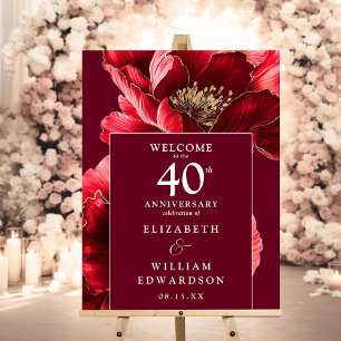 Ruby Red Floral 40th Anniversary Welcome Sign