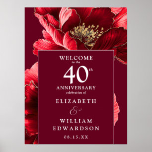 Ruby Red Floral 40th Anniversary Welcome Sign