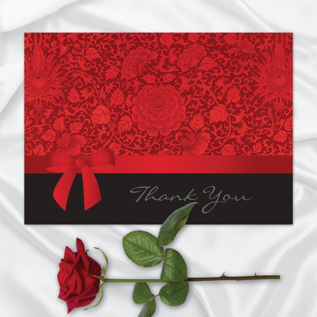 Ruby Red Floral Brocade Wedding Letterpress Thank You Card (Creator Uploaded)