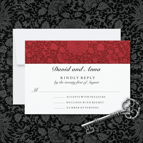 Ruby Red Floral Brocade Wedding  RSVP Card