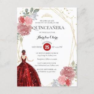 Ruby Red Floral Geometric Quinceañera Invitation Postcard