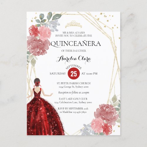 Ruby Red Floral Geometric Quinceaera Invitation Postcard