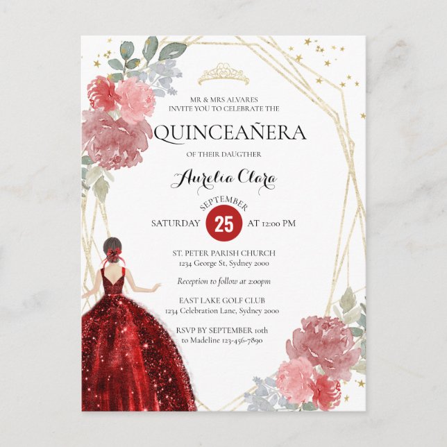 Ruby Red Floral Geometric Quinceañera Invitation Postcard (Front)
