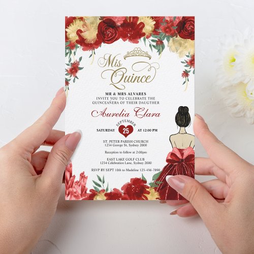 Ruby Red Floral Princess Mis Quince Quinceaera Invitation