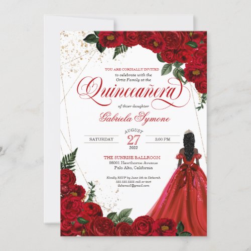 Ruby Red Floral Rose  Gold Elegant Quinceaera In Invitation