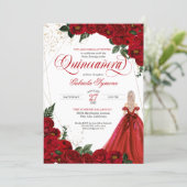 Ruby Red Floral Rose & Gold Elegant Quinceañera In Invitation (Standing Front)