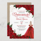 Ruby Red Floral Rose & Gold Elegant Quinceañera In Invitation (Front/Back)
