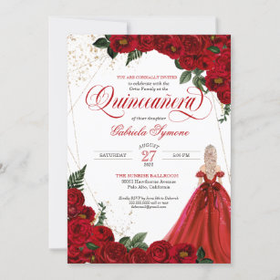 Ruby Red Floral Rose & Gold Elegant Quinceañera In Invitation